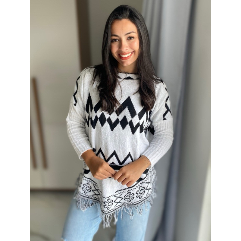 Poncho Tricot fio MOUSSE feminino com estampa e franja com manga kimono grosso inverno tricô