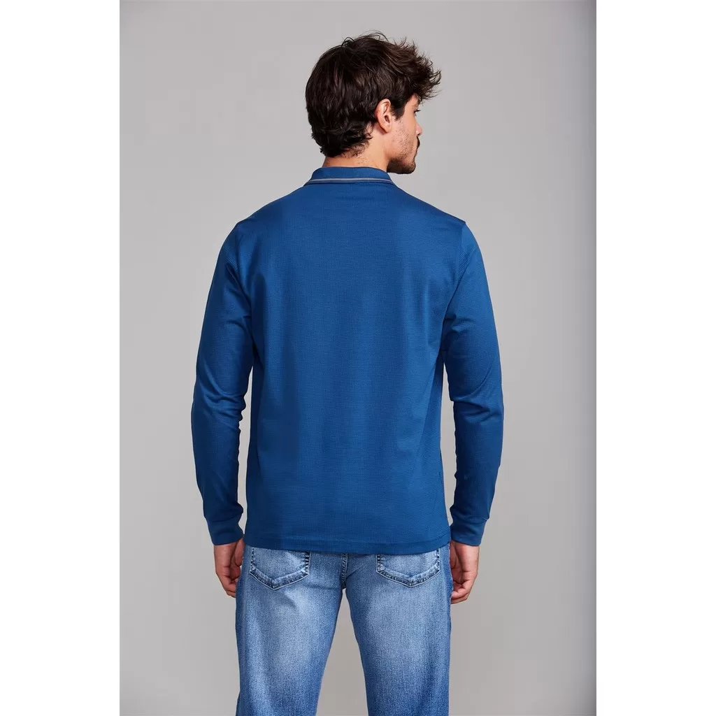 Camisa Polo Manga Longa Jacquard Comfort – Azul Noturno / Cinza Concreto