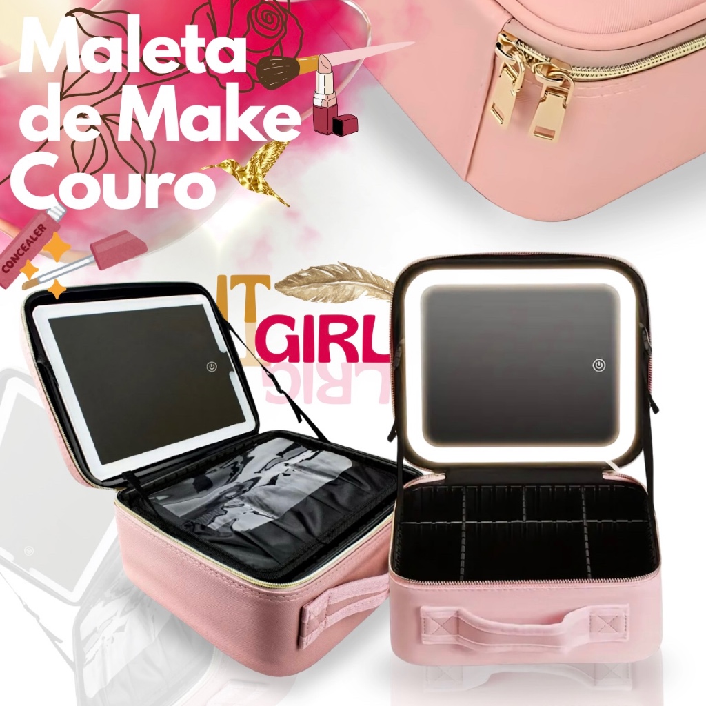 Maleta de Maquiagem Rosa Espaçosa de Couro com Espelho Led It Girl