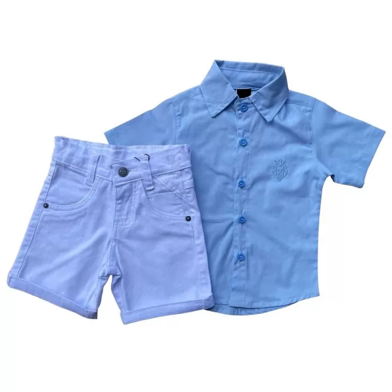 Camisa Azul Curta com Bermuda Branca Infantil