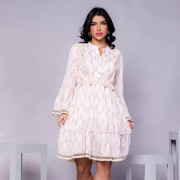 vestido curto Boho manga longa Alto luxo elegante 