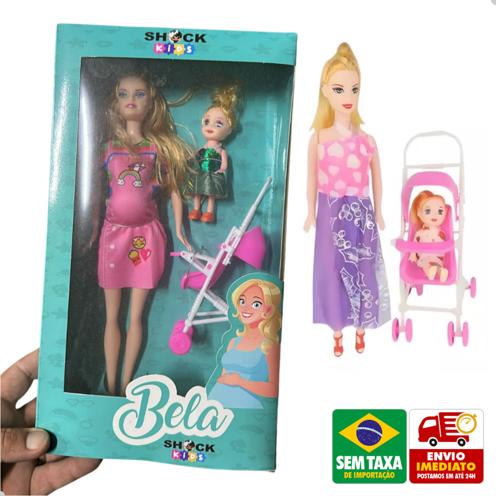 Boneca Bela Shock Kids Kit Mae Filha Carrinho de Bebe Brinquedo Plástico