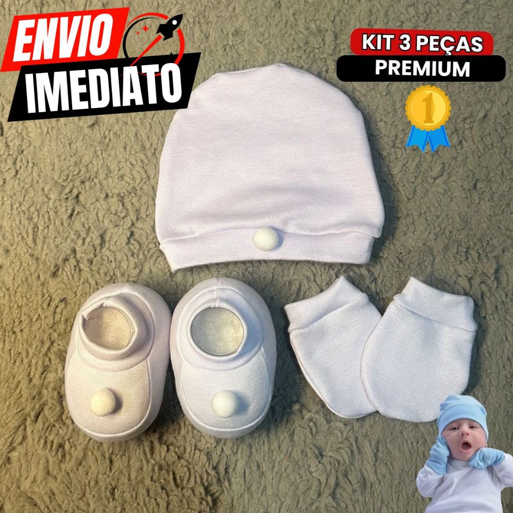 Kit 3 Peças Touca Luva e Sapatinho De Bebê 0 À 3 Meses Kit Luxo Premium Qualidade