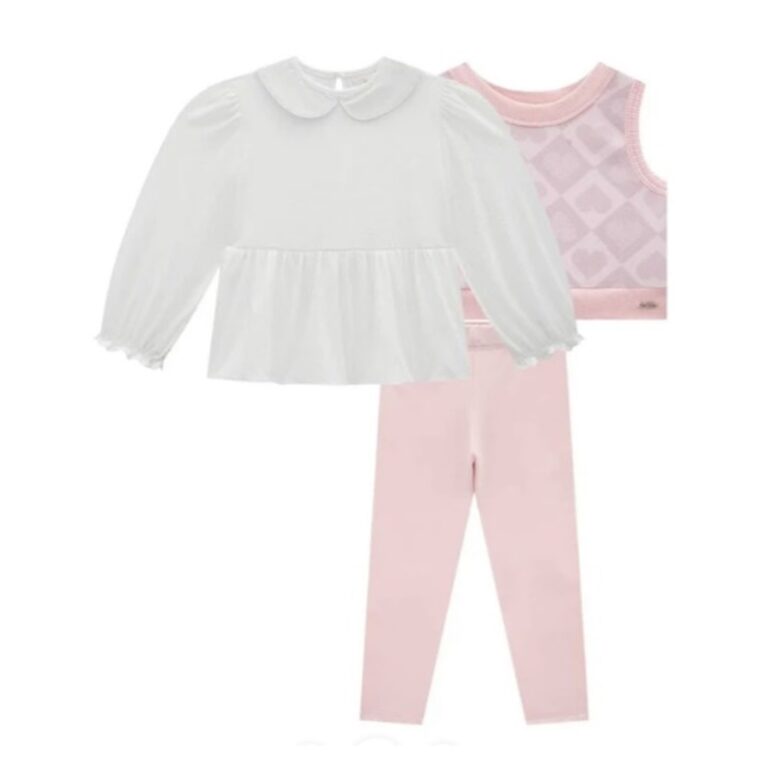 Kukie Trio Baby Bata Malha Colete e Legging Rosa
