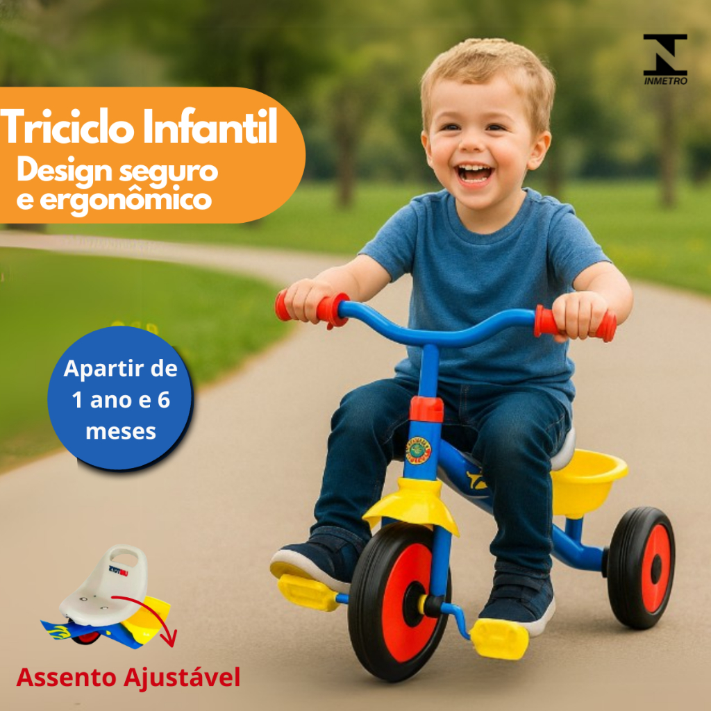 Triciclo Infantil Azul Criança Pedal Seguro Unitoys Carrinho Banco Ajustavel Passeio Cestinha Menino