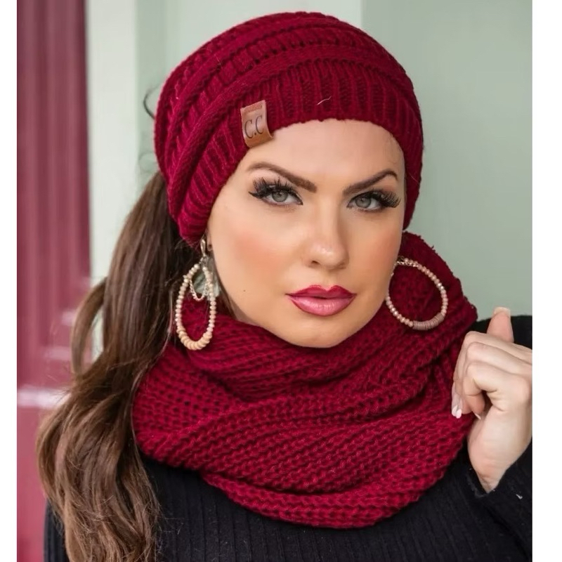 Kit Conjunto Touca Rabo De Cavalo Com Furo Cabelo + Cachecol Liso Maxi Gola De Lã Tricot Outono In
