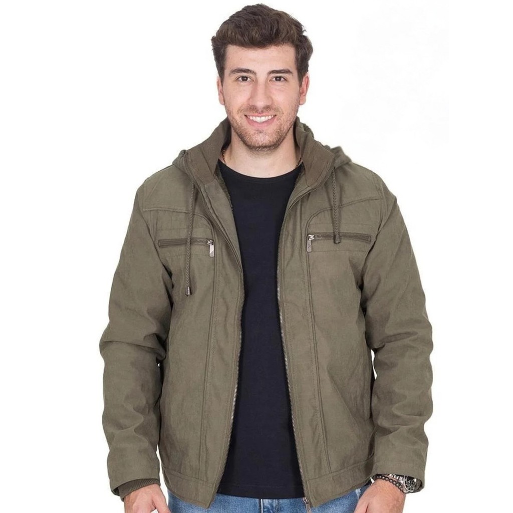 Jaqueta Masculina Sarja Forrada Com Pelo Capuz Removível