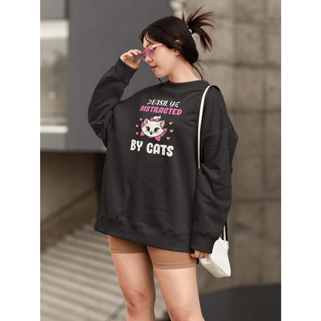 Moletom Blusa de Frio Básico Estiloso Feminino Estampado Gola Redonda Confortável 100% Algodão – Cat