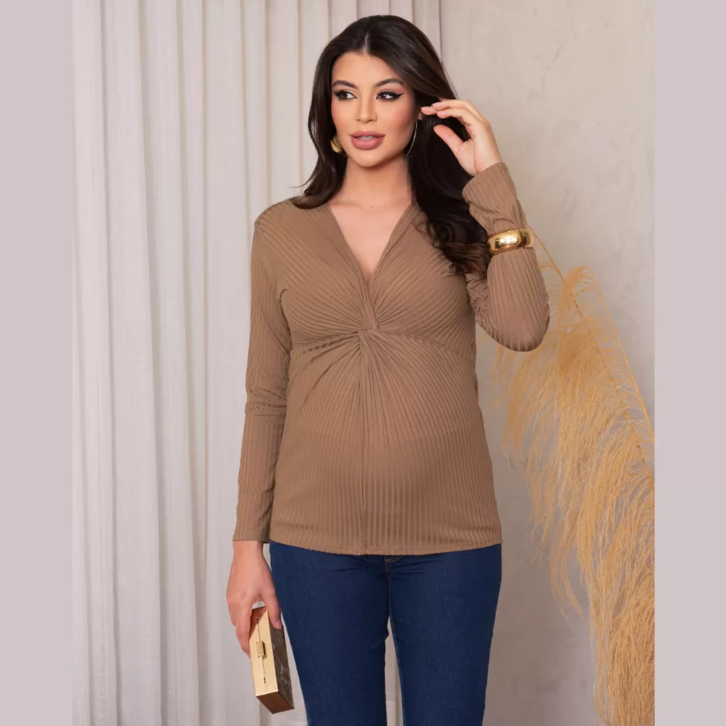 Bata Gestante Manga Longa Canelada Com Nó No Busto