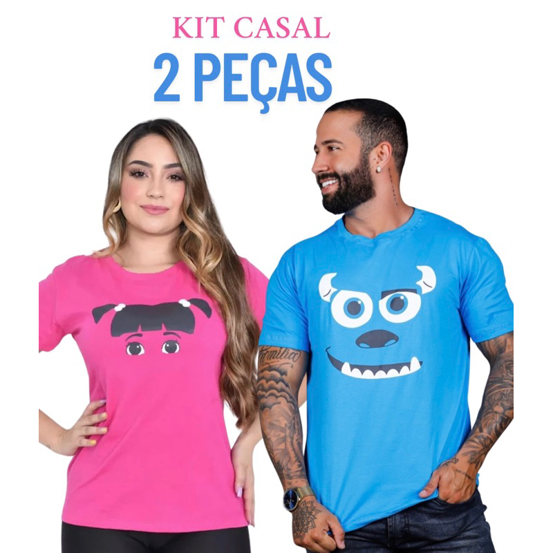Camiseta Monstros Sa Kit Casal Sulley Boo Algodão 2 Peças Blusa Festa Temática