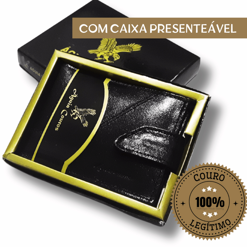 Carteira Masculina Marrom Couro Legítimo Premium Fecho Pressão Porta Cartão Caixa Presenteável