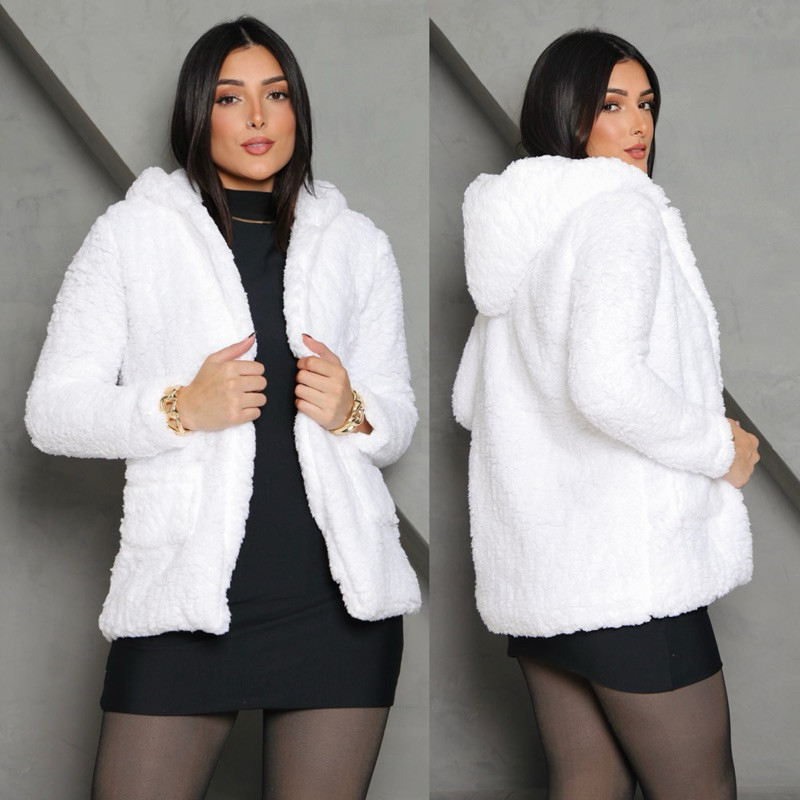 Casaco Teddy Peludo Liso – Coraçao – Xadrez Feminino com Capuz e Bolsos nas Laterais Com e Sem Forro
