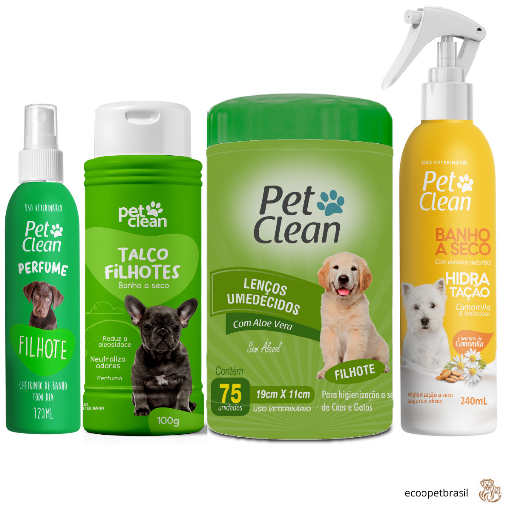 Kit Novo Banho a Seco Cachorro Cães e Gatos + Talco Filhote + Lenços Umedecidos + Perfume Pet Clean