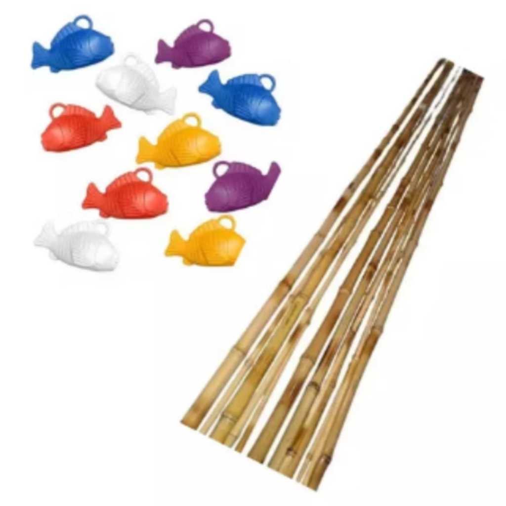 kit 5 varas de bambu  +10 peixe para pescaria de festa junina arraiá
