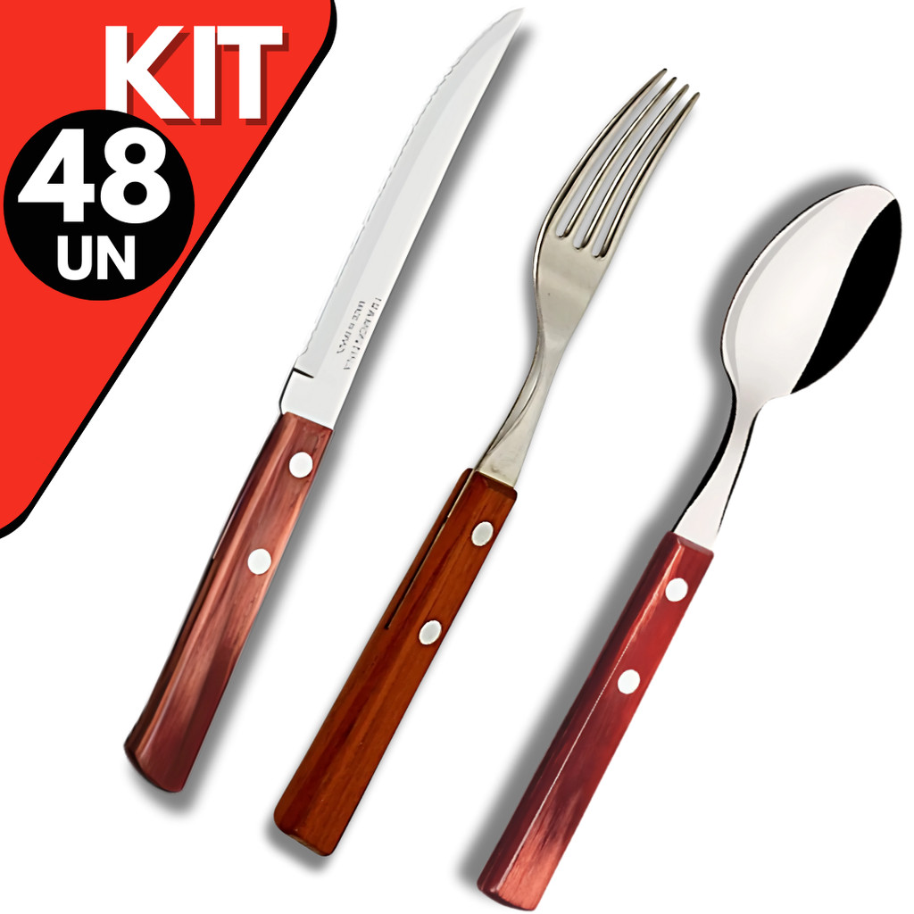 Kit Premium 48 Talheres, Garfos ,Facas e Colher Cabo de Madeira Inox para Churrasco, Bar, Restaurant