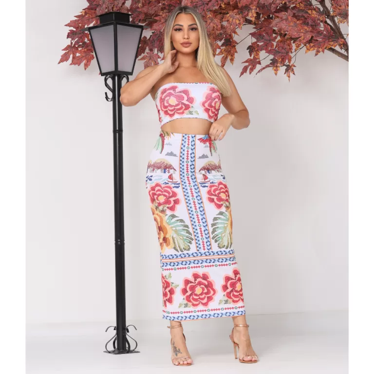 Conjunto saia mas cropped estampado inspiracao FAR