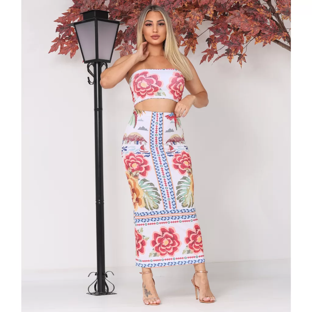 Conjunto saia mas cropped estampado