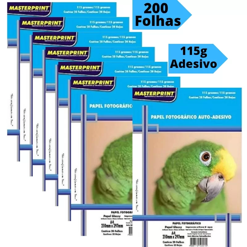 Papel Fotográfico Adesivo A4 Glossy 115g 200 Folhas Masterprint Papel Adesivo
