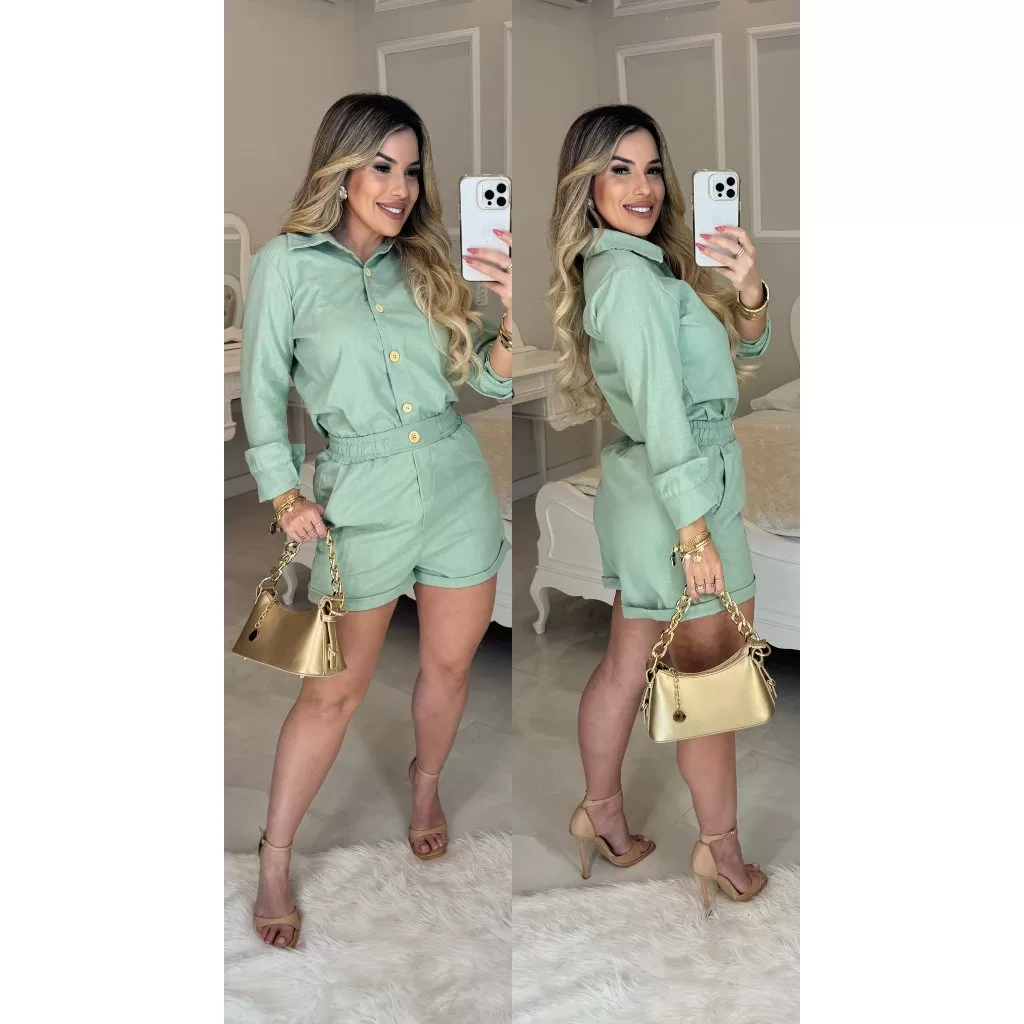 Conjunto Linho Camisa manga longa botões e short casual, colarinho inverno frio blazer Pastel