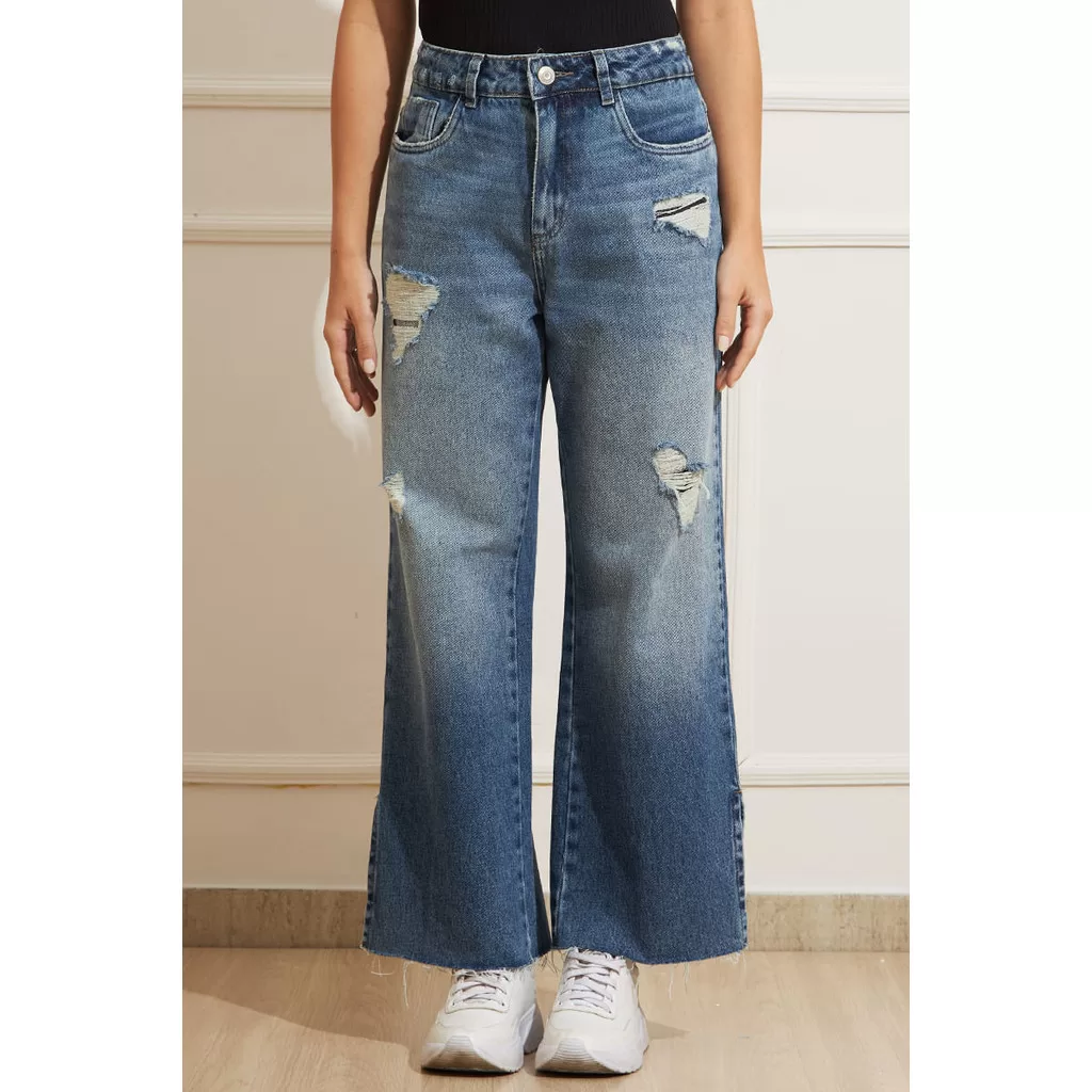 Sawary Calça Jeans Feminina Wide Leg Cropped