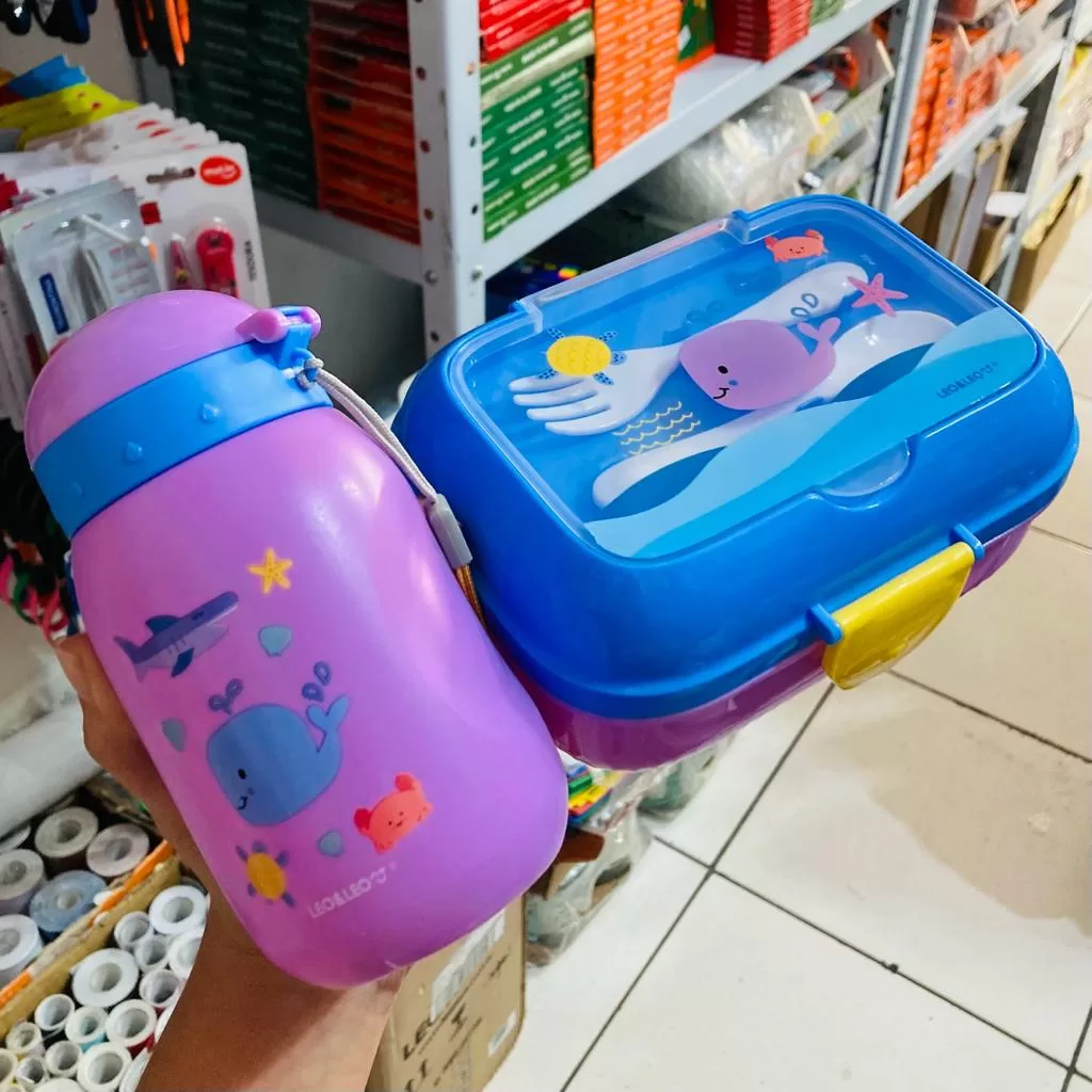 Kit Lanche Fundo do mar Infantil Garrafa, marmita e talheres Leo E Leo Leonora