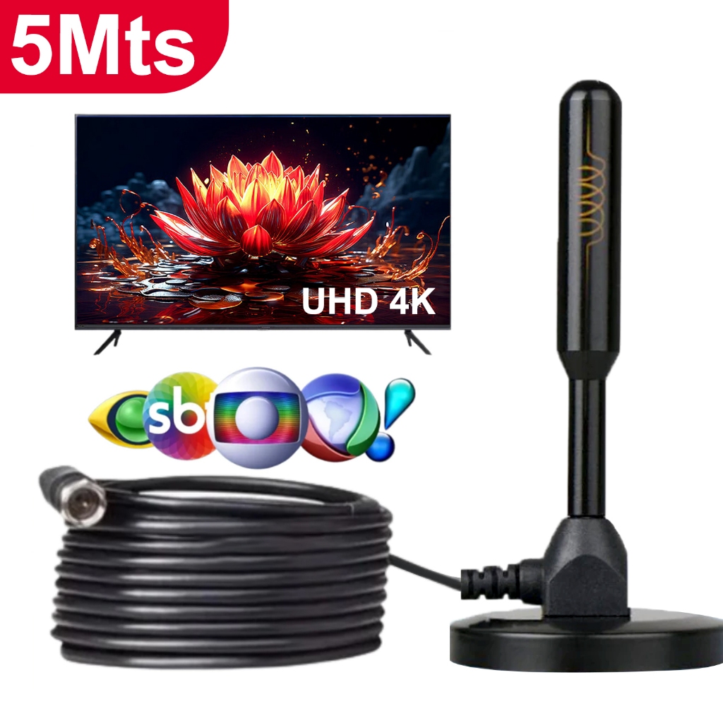 Antena Digital 5 metros interna Sinal TV HDTV Base Imã  Externo a prova dagua antena digital externa