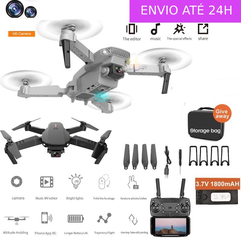 Drone E88 Cinza Câmera 4K Dupla Estabilizador Altitude Dobrável WiFi Ao Vivo Controle Remoto