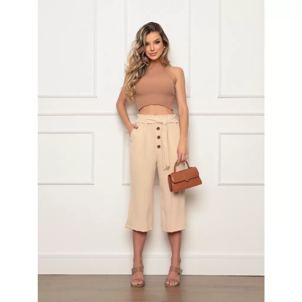 Calça Pantacourt Feminino liso tecido duna