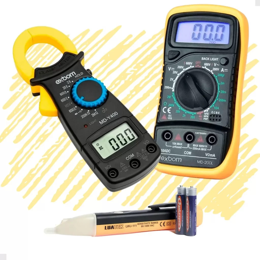 Kit Multímetro Digital Alicate Amperímetro Detectora Tensão