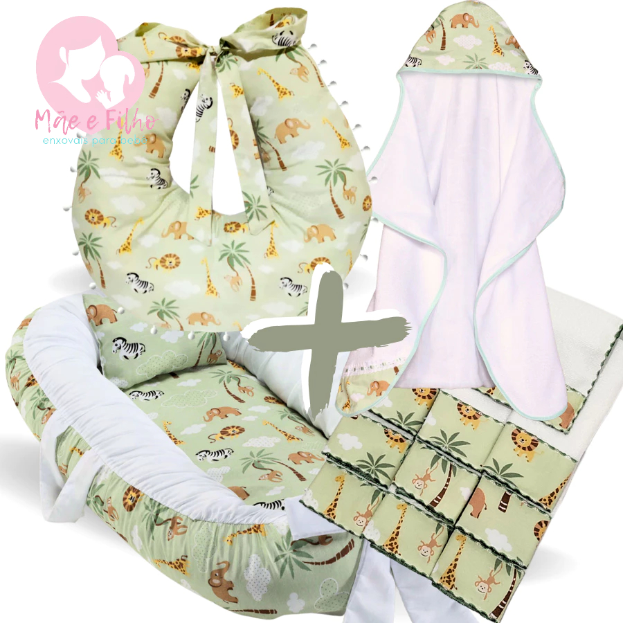 Kit Ninho Redutor de Berço Bebe + Toalha de Banho Forrada + 6 Toalha de Ombro + Almofada Amamentação