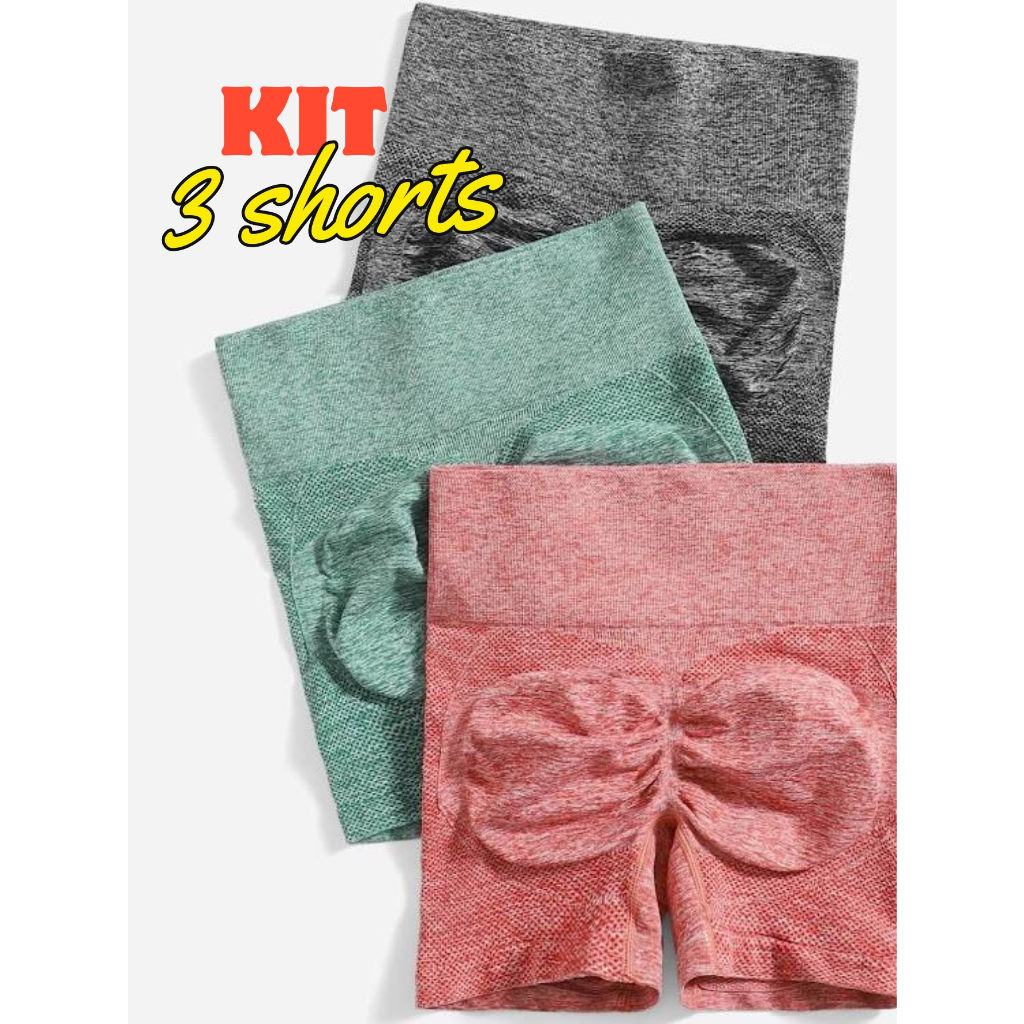 KIT 3 SHORT ACADEMIA FITNESS YOGA LEVANTA BUMBUM CINTURA ALTA PAGUE MENOS CORES SORTIDAS legging em