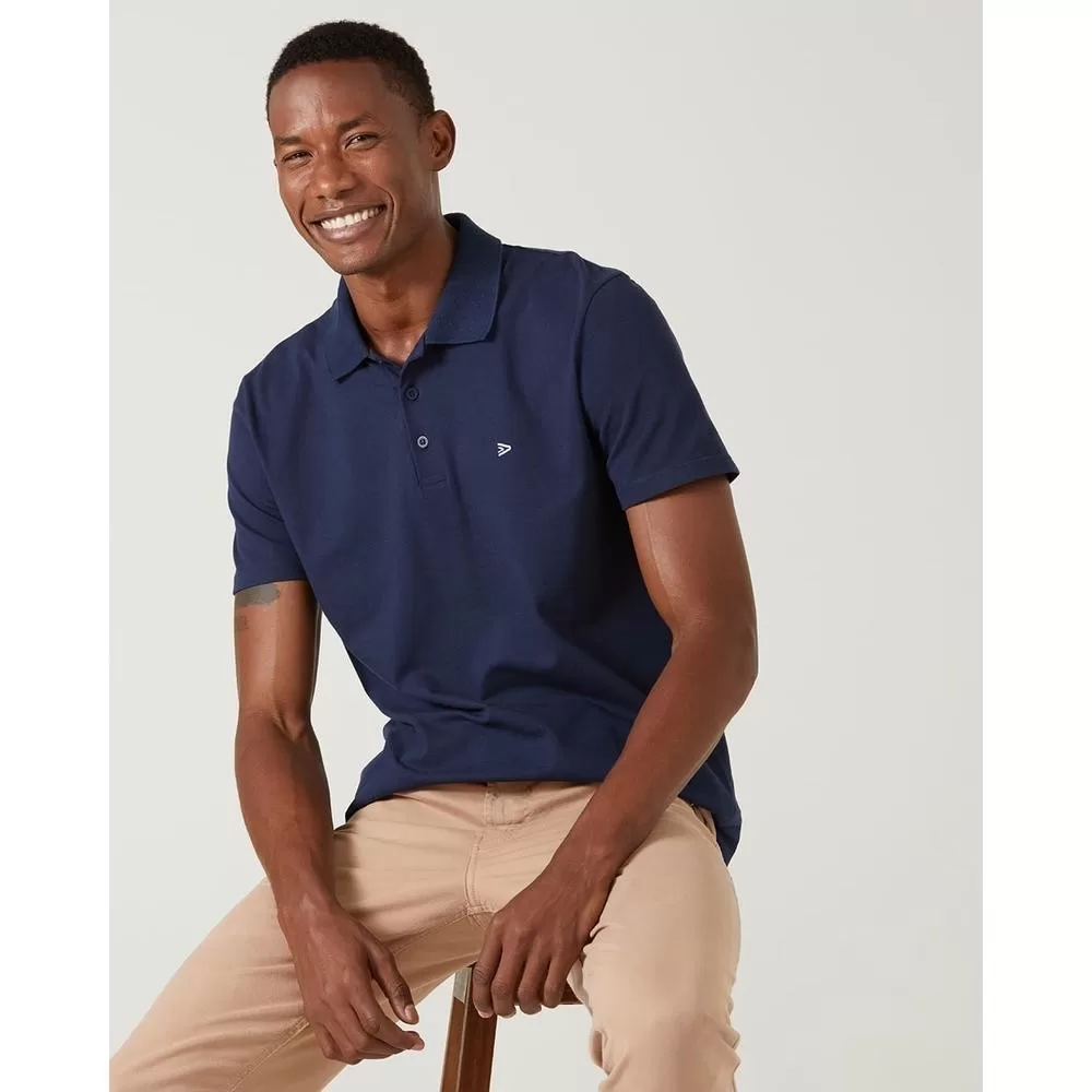 Camisa Polo Básica Masculina Bordado Frontal Em Piquet Stretch