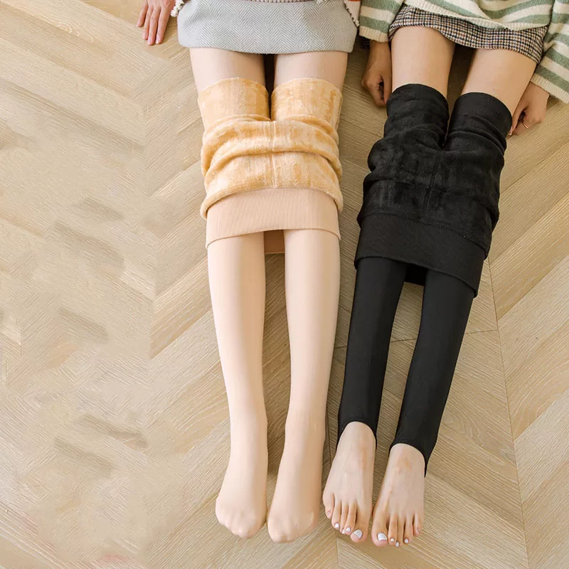 Leggings De Flanela Térmica Meia-Calça Adulto Um Tamanho/Cor Nude/Preto Com Meias/Esportivas