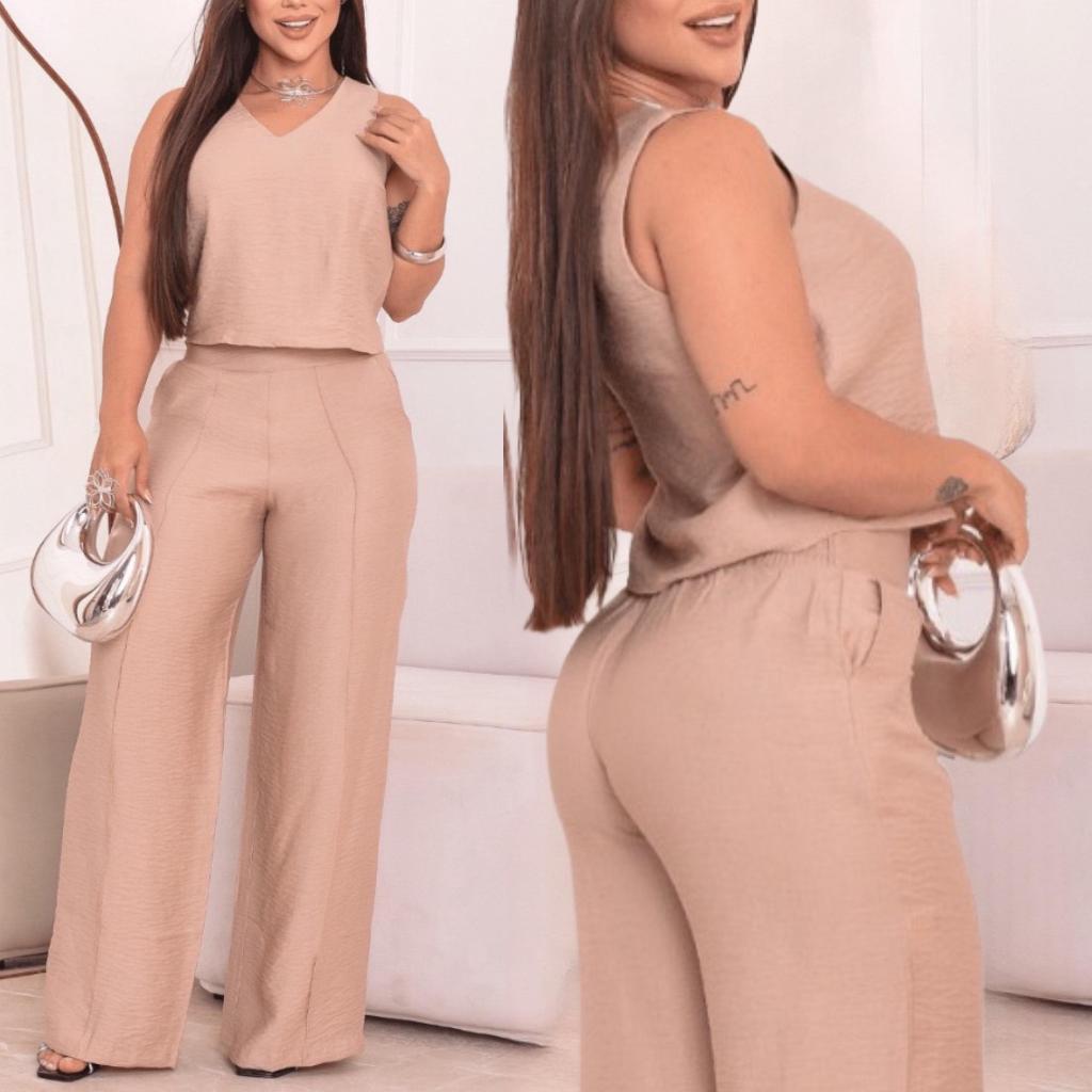 Conjunto Feminino Pantalona Blusa Regata Decote Moda Casual Elegante Social Dia a Dia