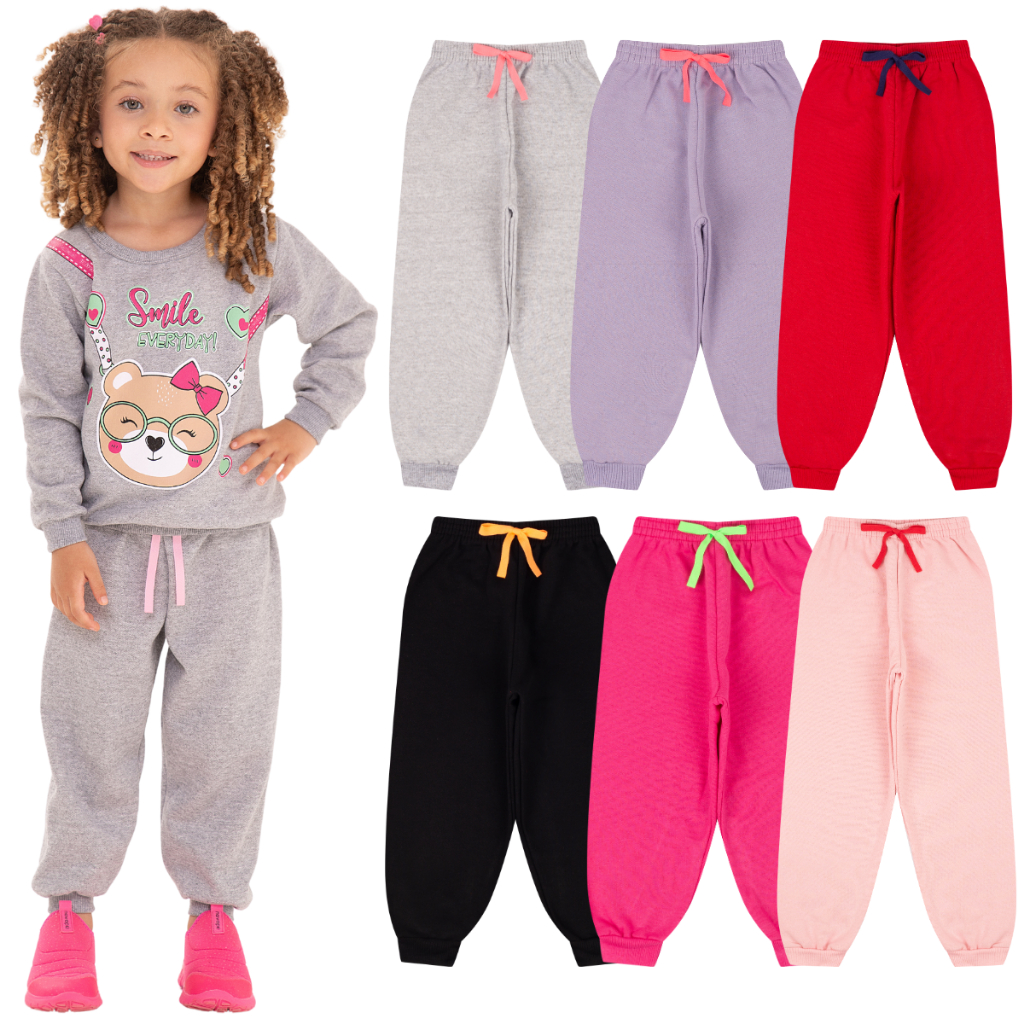 Kit Infantil 1, 3 ou 5 Calças de Moletom Peluciado Menina Feminino Tamanho 1 ao 10 Para Inverno Frio