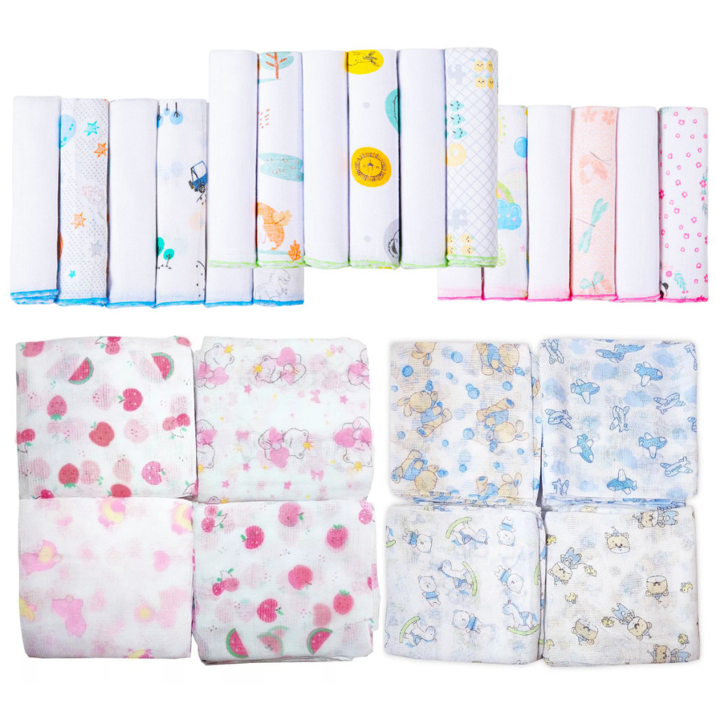 Kit 11 Peças – 5 Fraldas 60x60cm + 6 Paninho de Boca 30x30cm 100% Algodão Grande Macias Estampadas