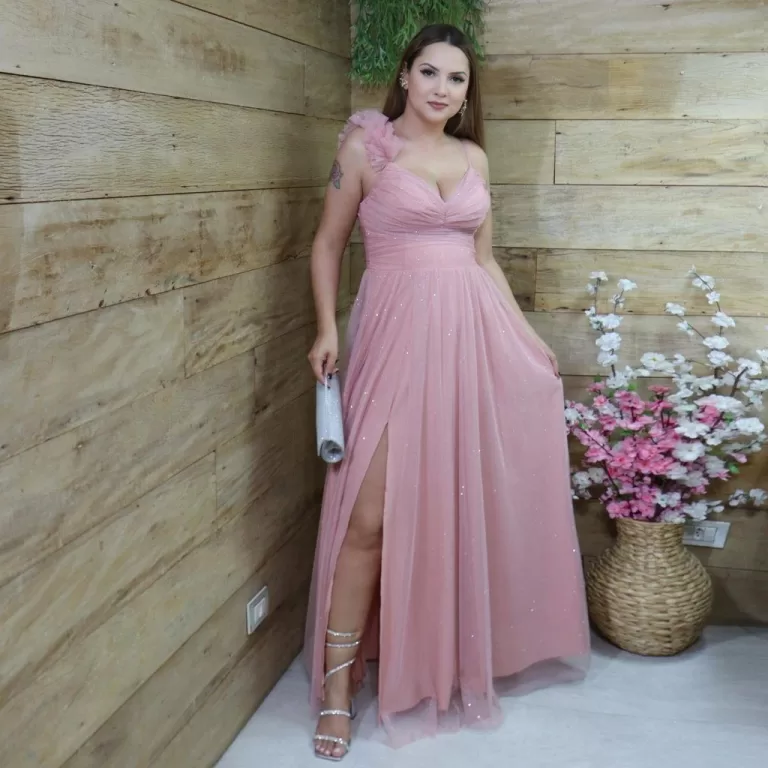 Vestido Feminino De Festa Longo Brilhante Com Tule