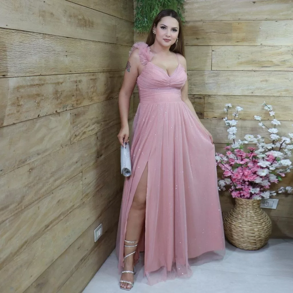 Vestido Feminino De Festa Longo Brilhante Com Tule e Pompom na Alça Para Festa Formatura Casamento