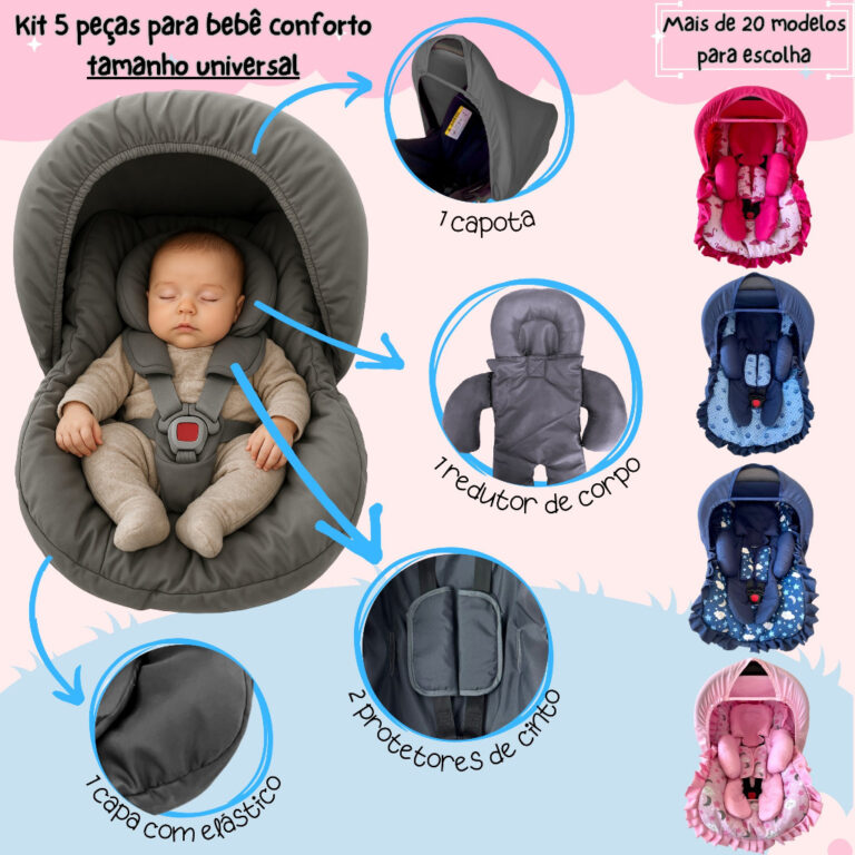 Kit bebê conforto 5 peças Capa acolchoada Capota