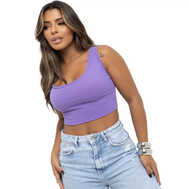 Cropped Feminino de Alça Canelado Cor Laranja Ren