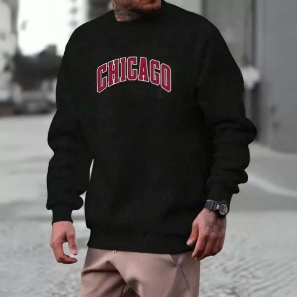 Moletom Chicago Masculino Preto Moletom Careca Gola Redonda Trap Sueter Streetwear Algodão