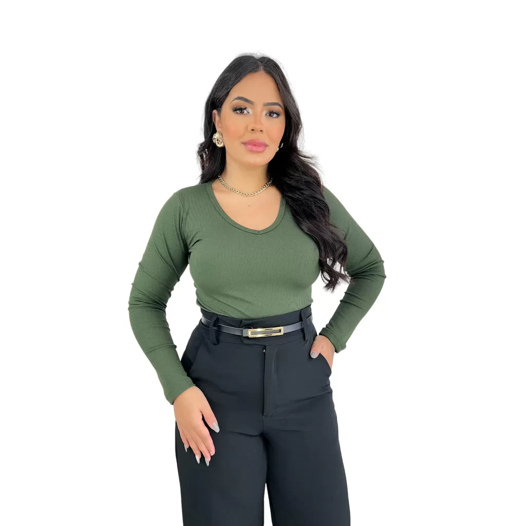 Blusa Feminina Canelado Gola V Manga Longa Lana
