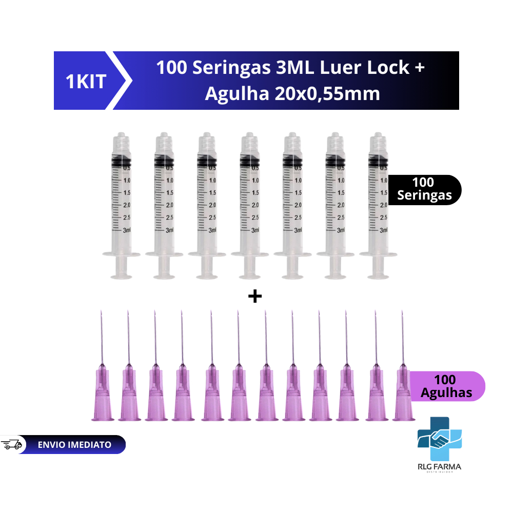Seringas 3ml Bico Luer lock Rosca + Agulhas 20×0,55 Kit com 100 cada