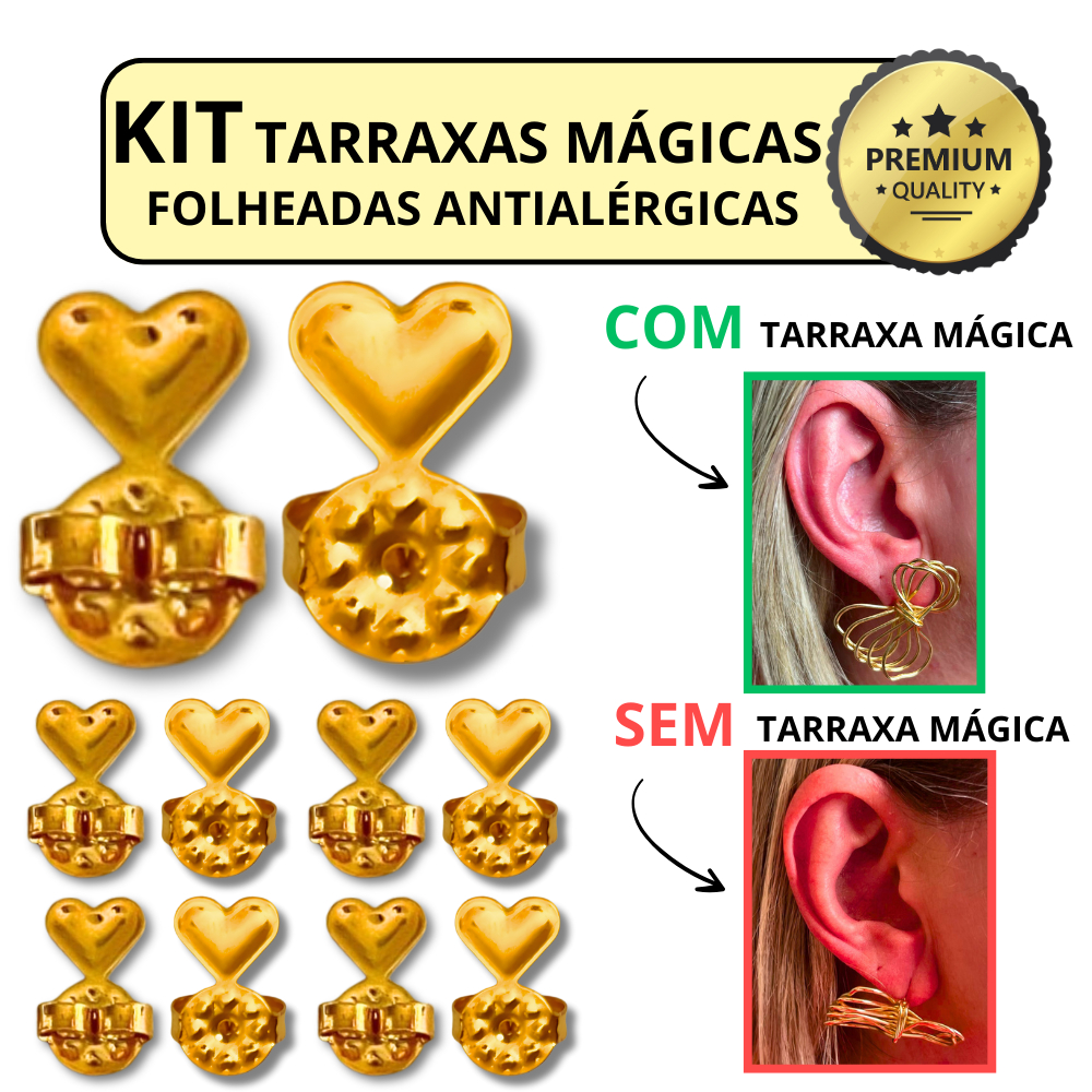 Kit Tarraxa Mágica Ear Cuff Tarracha Folheada a Ouro 18k Levanta Orelha Rasgada Antialérgico Promoçã