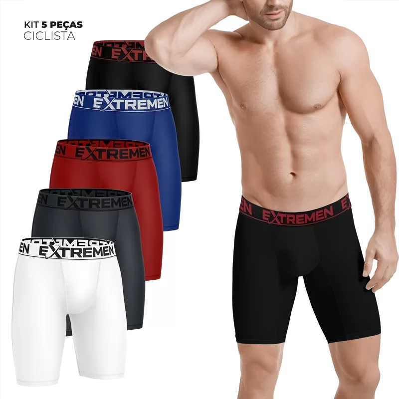 Kit 5 Cueca Box Ciclista Do P ao XGG Boxer Perna Longa Lisa Microfibra