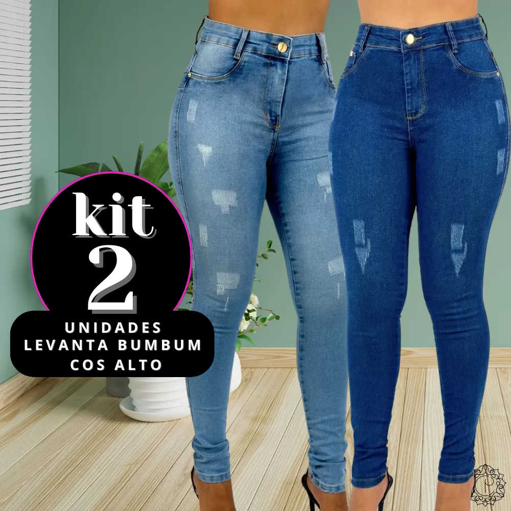 Kit 2 Calças Jeans Skinny Clara e Puido com USD Elastano Cintura Alta Efeito Levanta Bumbum