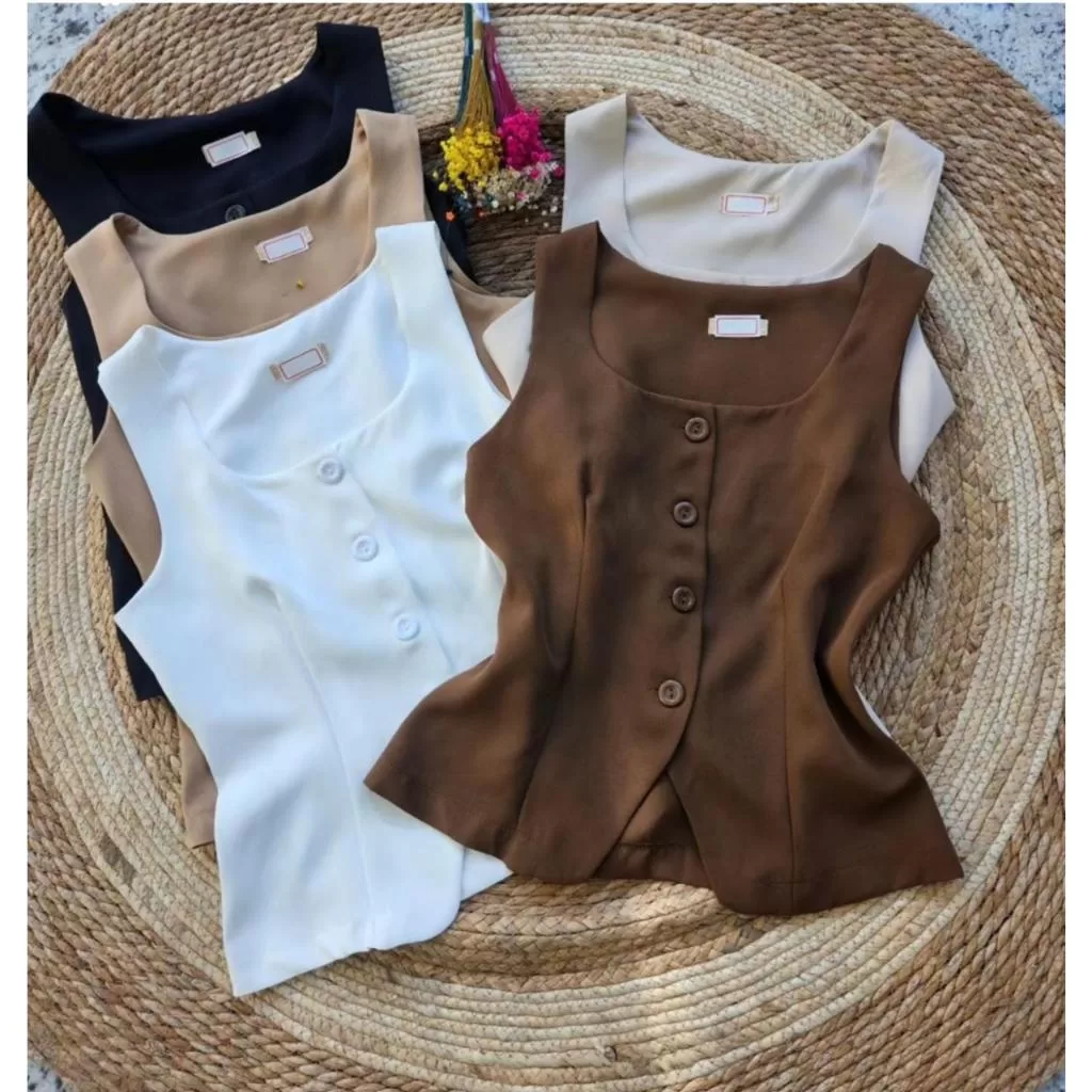 Colete Feminino Alfaiataria Alça Larga Gola Quadrada com Detalhe Aberto Elegante, Clássico Primavera