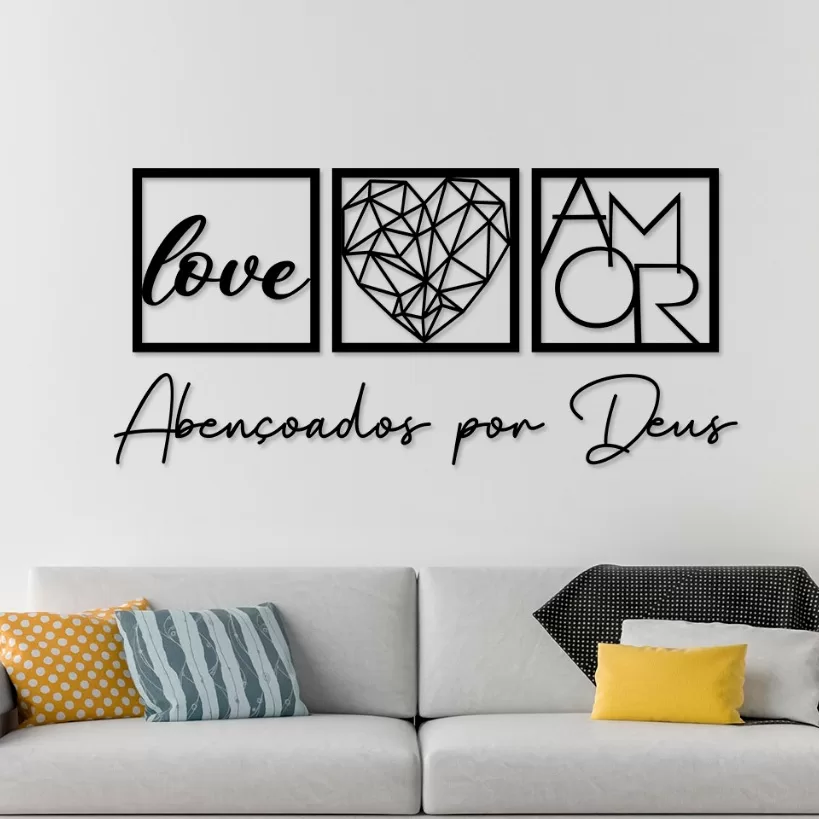 Kit 3 Quadros Decorativos Abençoados por Deus Love e Coração Geométrico Amor + Frase Quarto Sala