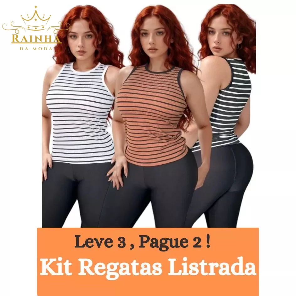 Kit 3 Regata Feminina Listrada Básica Bicolor Camiseta Canelada