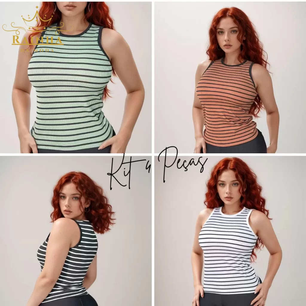 KIT Com 4 REGATA Feminina LISTRADA Tendência Básica Camiseta Canelada